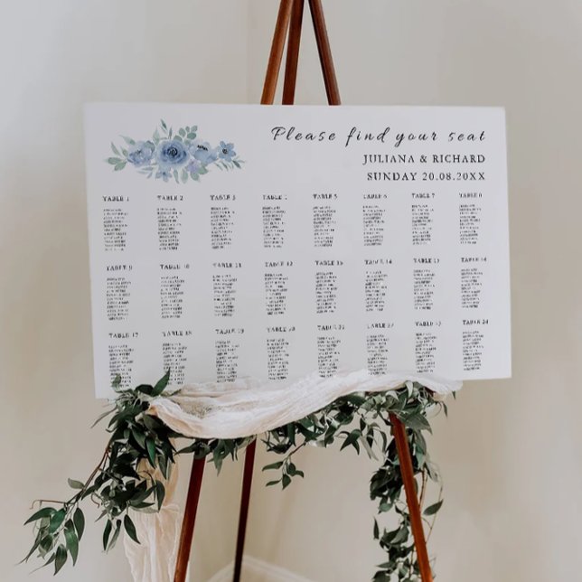 Modèle du tableau de sièges Mariage bleu (Blue Wedding Seating Chart Template)