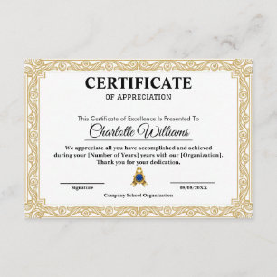 Modèle élégant de certificat d'appréciation en or