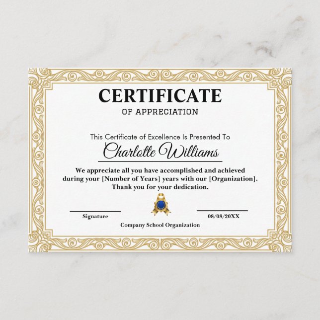 Modèle élégant de certificat d'appréciation en or (Devant)