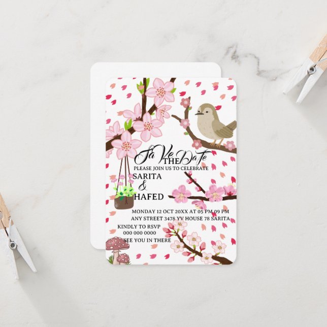Modèle élégant de fleurs pour annoncer la date de  (Devant/Arrière en situation)