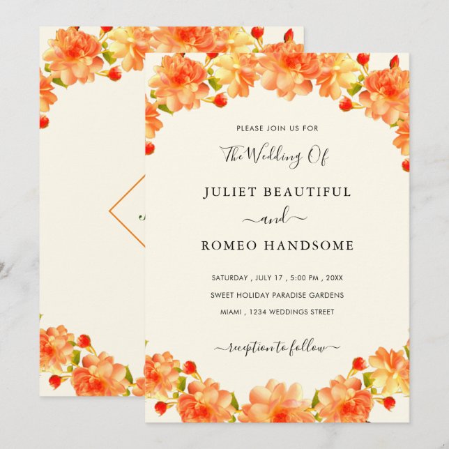 Modèle Faire-part de mariage de cadre de fleurs or (Devant / Derrière)