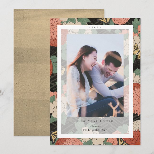 Modèle Floral asiatique Nouvel An Carte photo de v (Devant / Derrière)