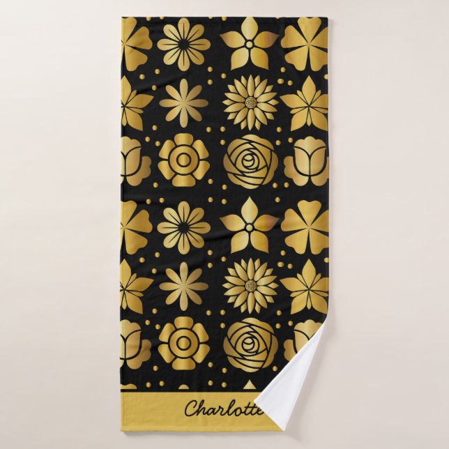 Modèle floral doré doodle rose nom personnalisé (Serviette de bain)