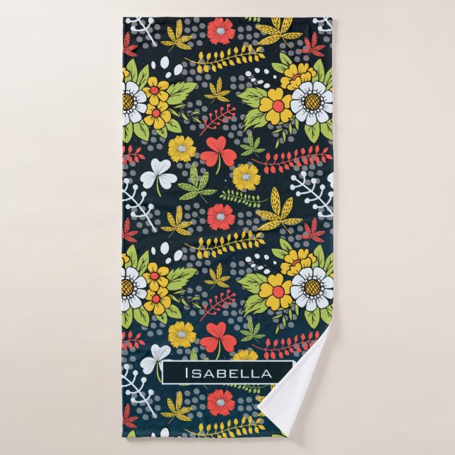 Modèle floral fleuri coloré nom personnalisé (Serviette de bain)