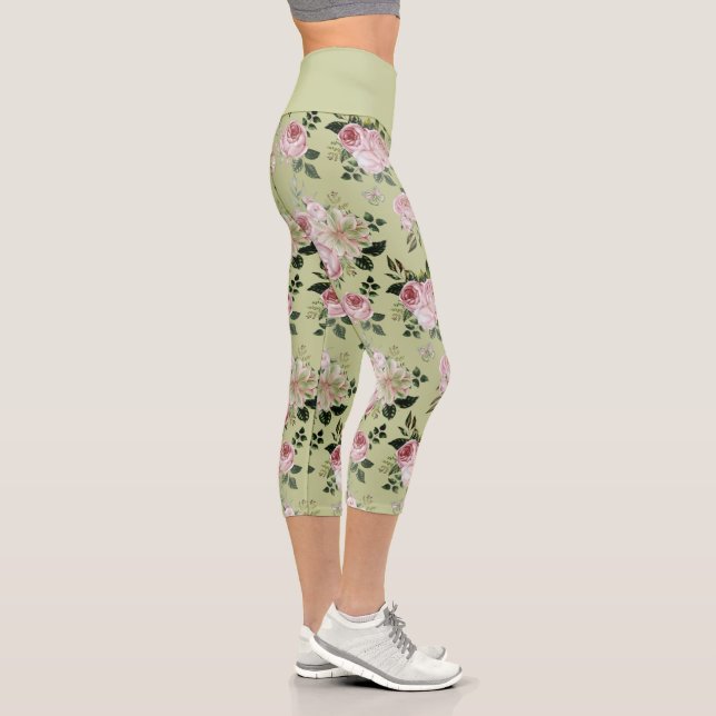 Modèle floral vert romantique rose capri leggings (Droite)
