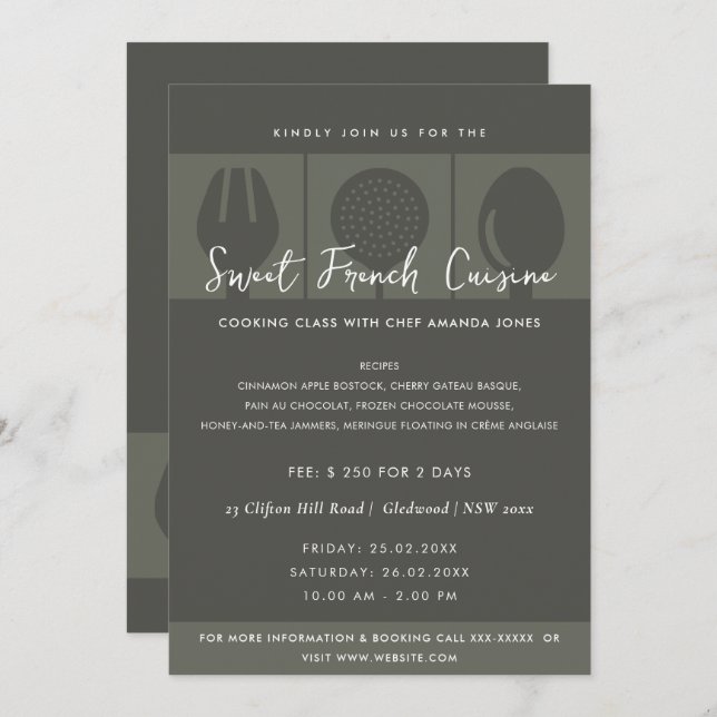 MODÈLE INVITATION DE CLASSE DE CUISINE DE LA PLAQU (Devant / Derrière)