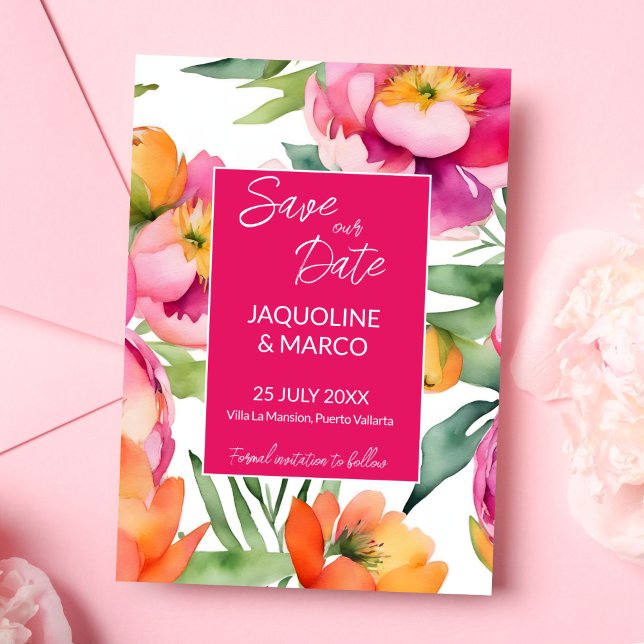 Modèle mariage de fleurs d'été rose gras (Bold pink orange summer flowers wedding template save the date card magenta hot pink floral card)