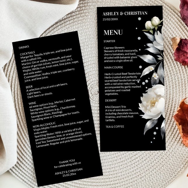 Modèle mariage noir et blanc (Black and white elegant boho wedding template menu card white silver peonies black menu cards)