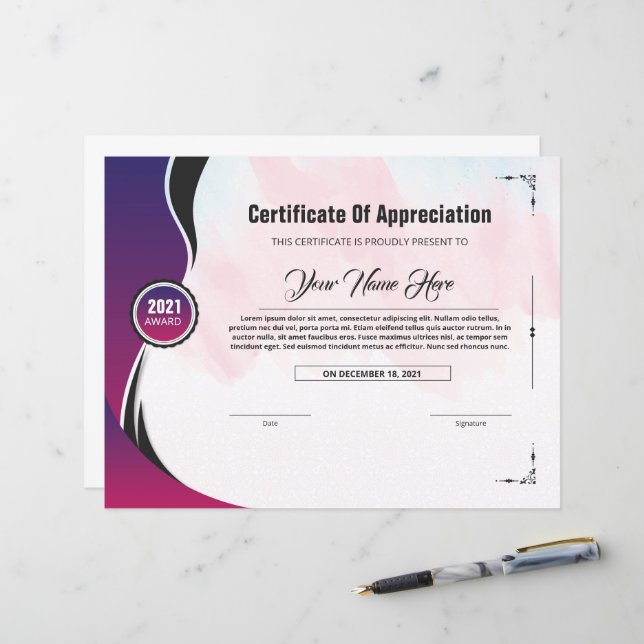 Modèle personnalisé certifié d'appréciation (Devant/Arrière en situation)