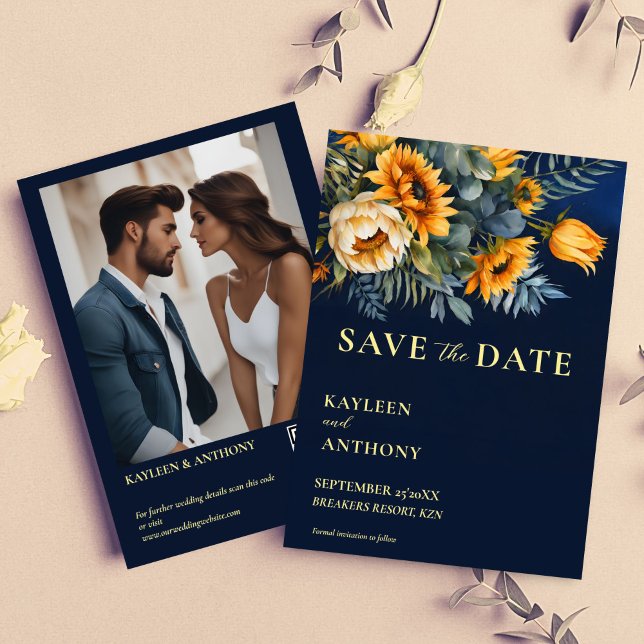Modèle photo de tournesol rustique moody marine (Navy blue moody rustic sunflowers fall summer wedding photo template save the date card)