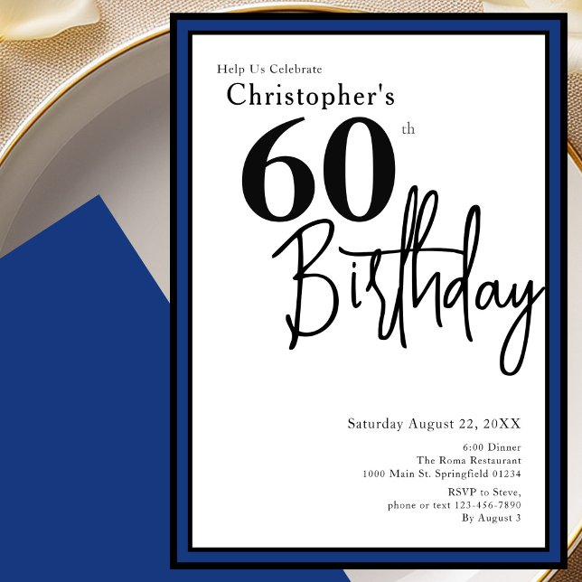 Modern 60th Birthday Invitation Elegant Black Blue (Créateur téléchargé)