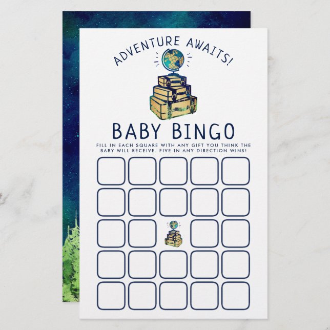 Modern Adventure Travel Globe Baby shower Bingo (Devant / Derrière)
