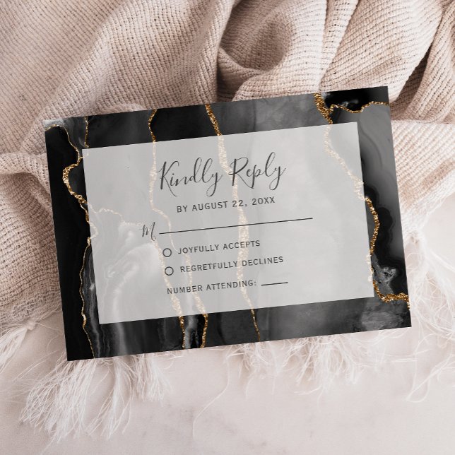 Modern Agate Frame Black Gold Wedding RSVP (Créateur téléchargé)