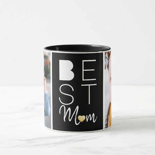 Modern Best Mom Two Photo Black Mug (Centre)