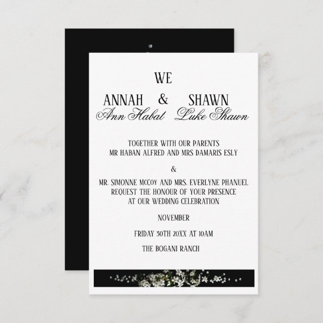 Modern Black and White Floral Wedding Invitation (Devant / Derrière)