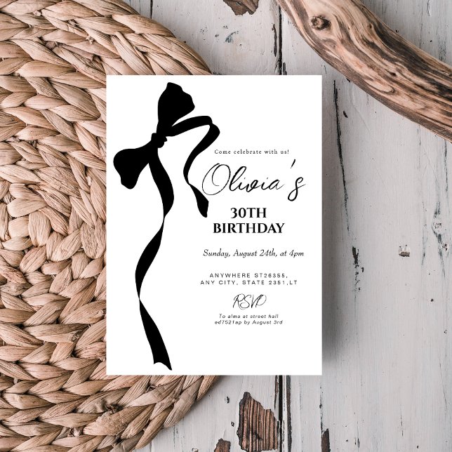Modern black bow 30th birthday party invitation (Créateur téléchargé)