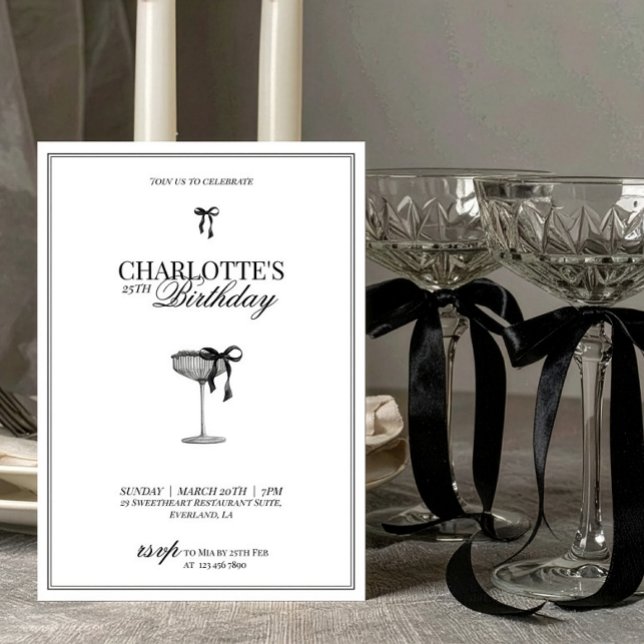 Modern Black Bow Champagne Birthday Invitation (Créateur téléchargé)
