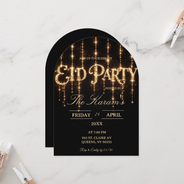 Modern Black elegant Eid Party Invitation Card (Devant/Arrière en situation)