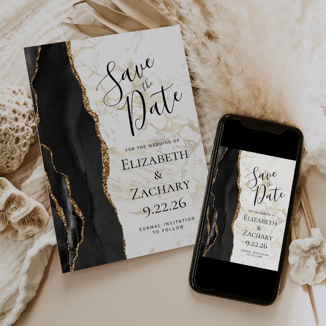 Modern Black Gold Agate Marble Save the Date (Créateur téléchargé)