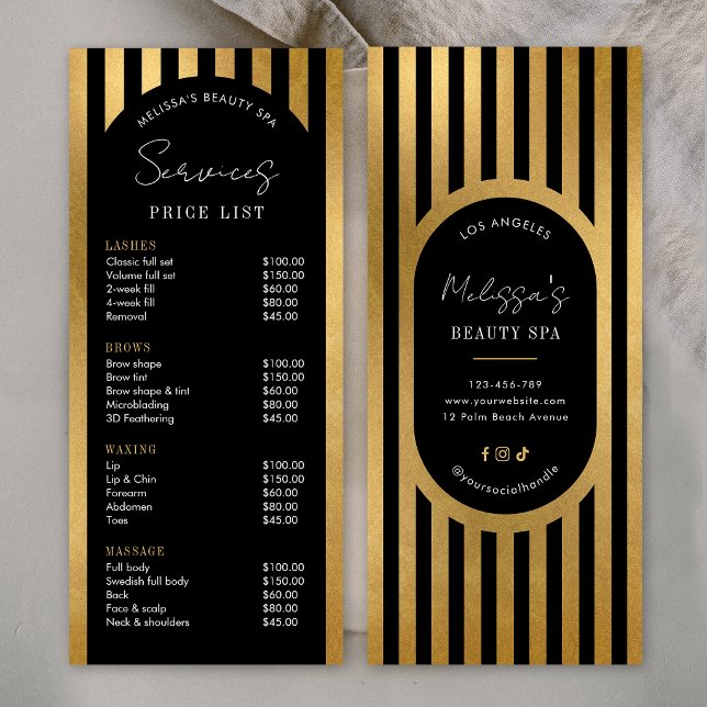 Modern Black & Gold Stripes Salon Price List Menu (Créateur téléchargé)
