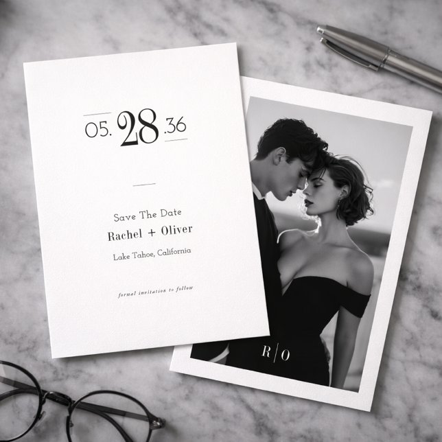 Modern Black & White Editorial Photo Save the Date (Créateur téléchargé)