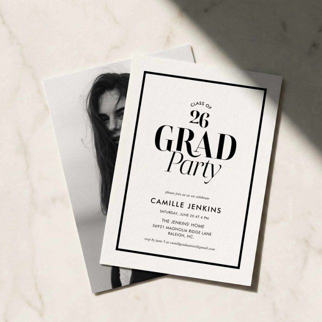 Modern Black White Photo Grad Party Invitation (Modern Grad party photo invitation)