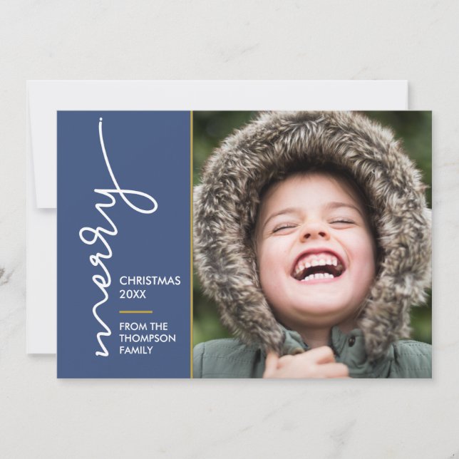 Modern blue Merry Christmas Script Photo Card (Devant)