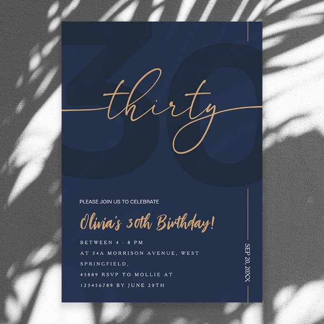 Modern Blue Navy & Gold 30th Birthday Invitation (Créateur téléchargé)