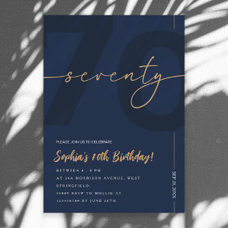 Modern Blue Navy & Gold 70th Birthday Invitation