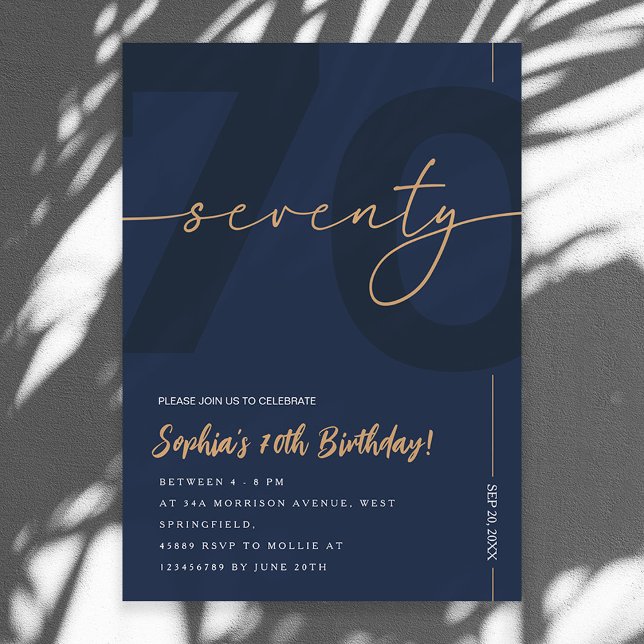 Modern Blue Navy & Gold 70th Birthday Invitation (Créateur téléchargé)