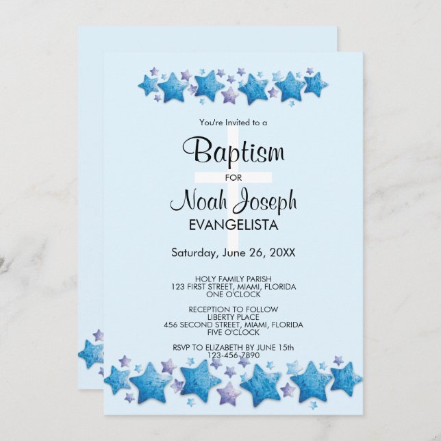 Modern Blue Stars BAPTISM Invitation d'événement (Devant / Derrière)