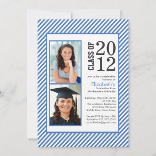 Modern Blue Stripes Photo Invitation à la graduati