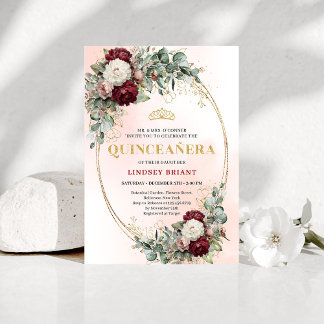 Modern Boho Burgundy Floral Quinceañera Invitation
