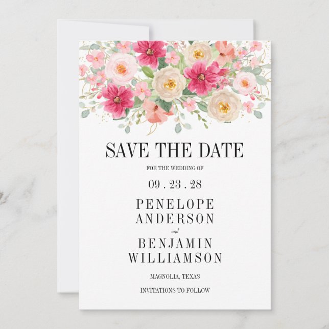 Modern Bright Pink Floral Wedding Save The Date (Devant)