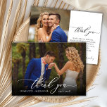 Modern Chic Script 2 Mariage photo Carte de remerc<br><div class="desc">Moderne Élégant Chic Calligraphie Script Mariage 2 Carte de remerciements photo. Un mariage élégant vous remercie modèle avec une photo verticale complète sur le devant avec le texte "Merci" dans une main tourbillonnant fantaisie lettrage typographie script swash tail police en blanc superposition sur l'image et un côté inverse (1) photo...</div>
