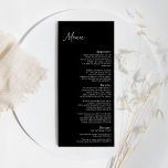 Modern Classic Black Wedding Flat Menu<br><div class="desc">This modern classic black wedding flat menu is perfect for your elegant modern wedding. This design features white simple calligraphy off set on a dark black background to match your classic traditional wedding or minimalist boho wedding in the spring, summer, fall, or winter. Please feel free to reach out to...</div>