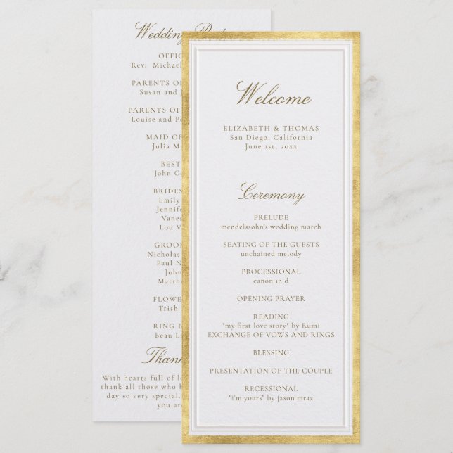 Modern Classic Pearl Gold Formal Wedding Program (Devant / Derrière)
