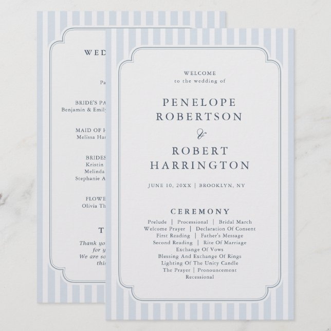 Modern Classic Stripes Dusty Blue Wedding Program (Devant / Derrière)