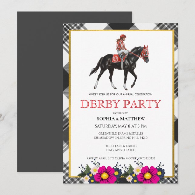 Modern Derby Party Invitation Horse Racing (Devant / Derrière)