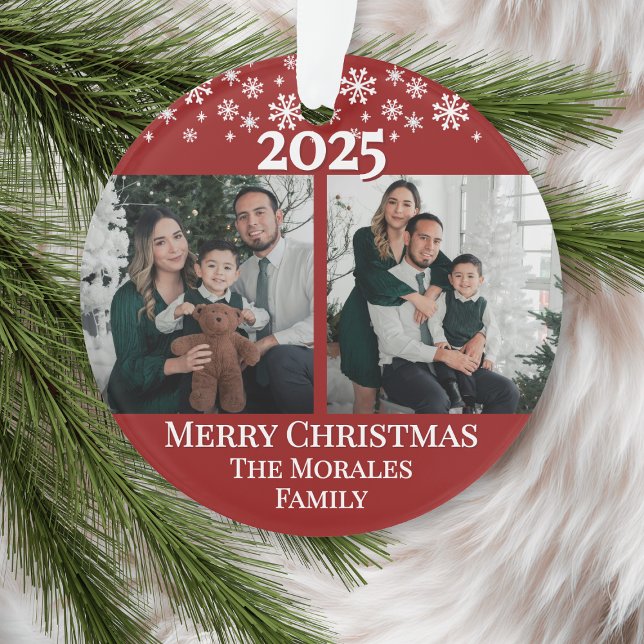 Modern Elegant 2 Photo Red Keepsake Family (modern elegant 2 photo keepsake family 2 sided custom ornament for parents grandparents )