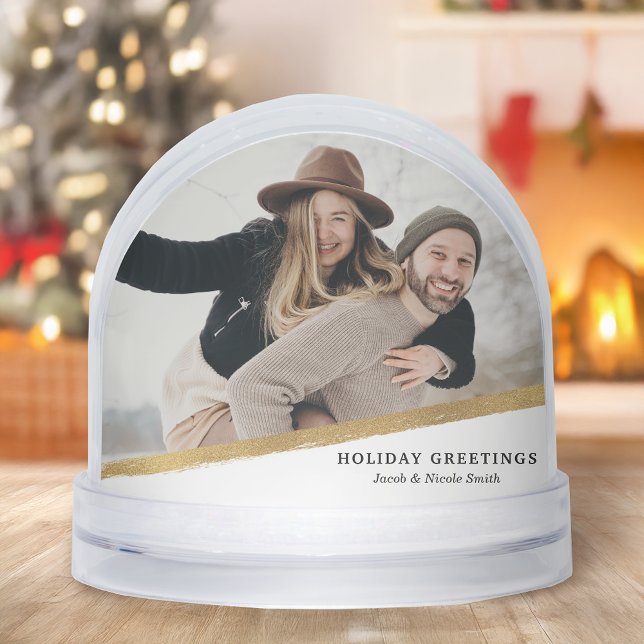 Modern Elegant Gold Brushstroke Photo Snow Globe (Créateur téléchargé)