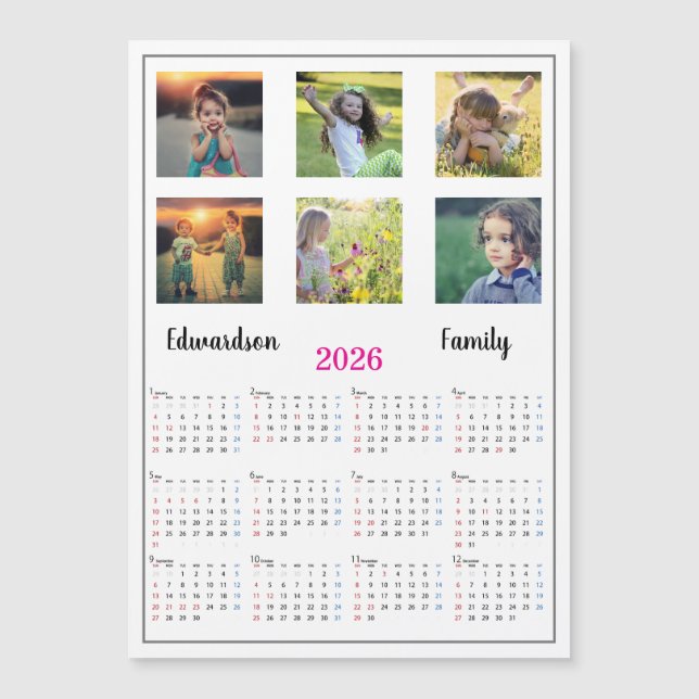 Modern family photo collage magnetic 2026 calendar (Devant)