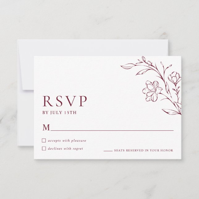 Modern Floral Elegant Burgundy Wedding RSVP Card (Devant)