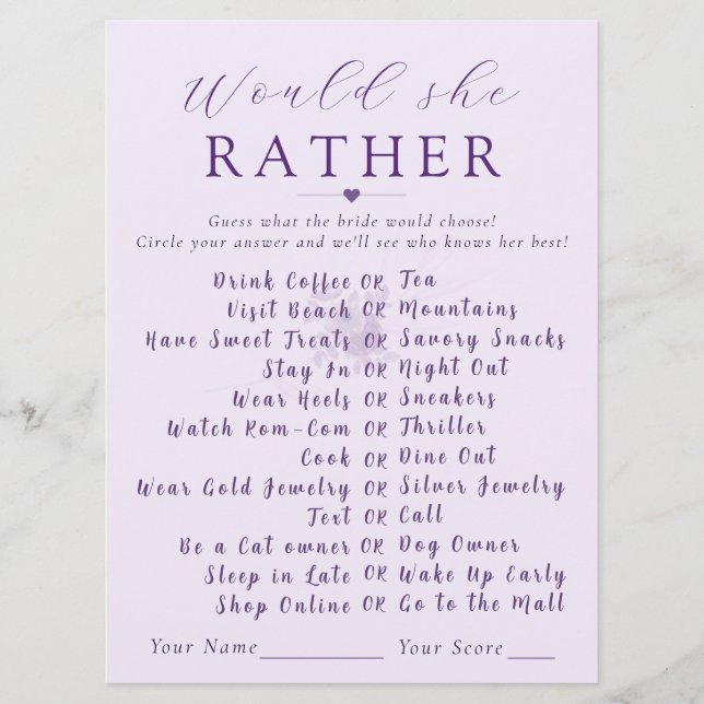 Modern Floral Would She Rather Bridal Shower Game  (Devant)