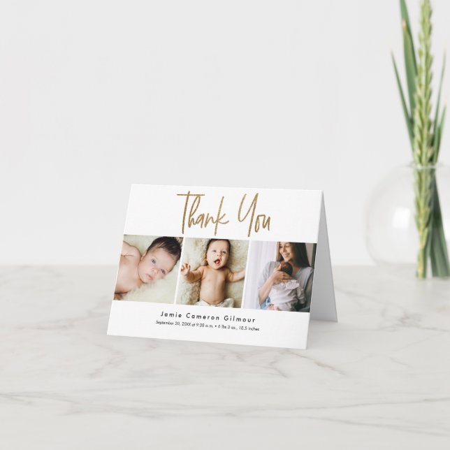 Modern Gold Custom 3 photos Faire-part bébé (Devant)