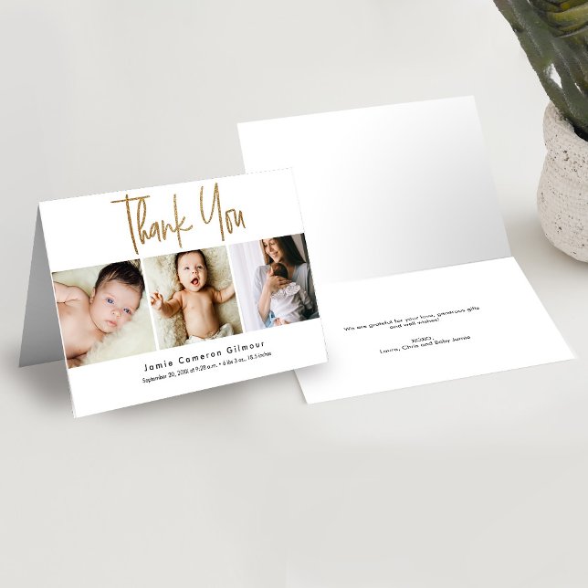 Modern Gold Custom 3 photos Faire-part bébé (Modern Gold Glitter script thank you handlettering 3 photo baby thank you birth announcement.)