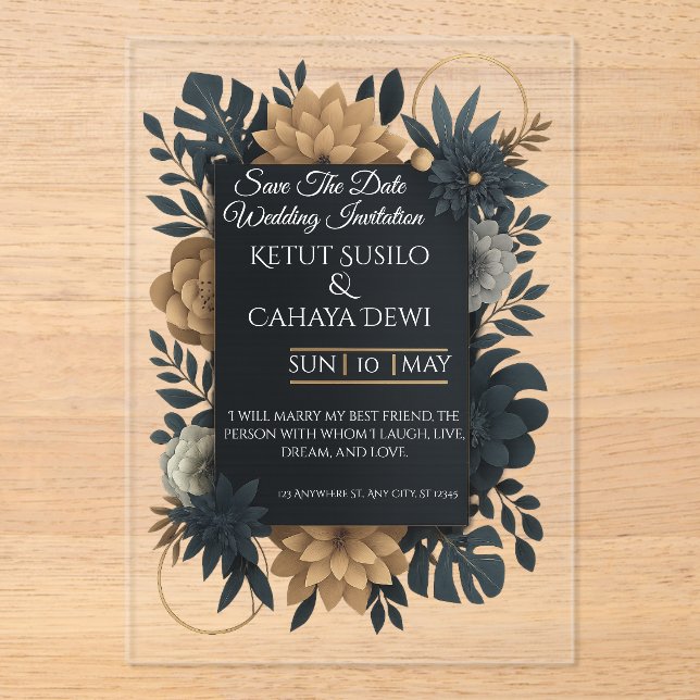  Modern Gold & Navy Floral Wedding Invitation  (Recto)
