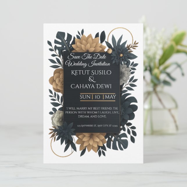  Modern Gold & Navy Floral Wedding Invitation  (Debout devant)