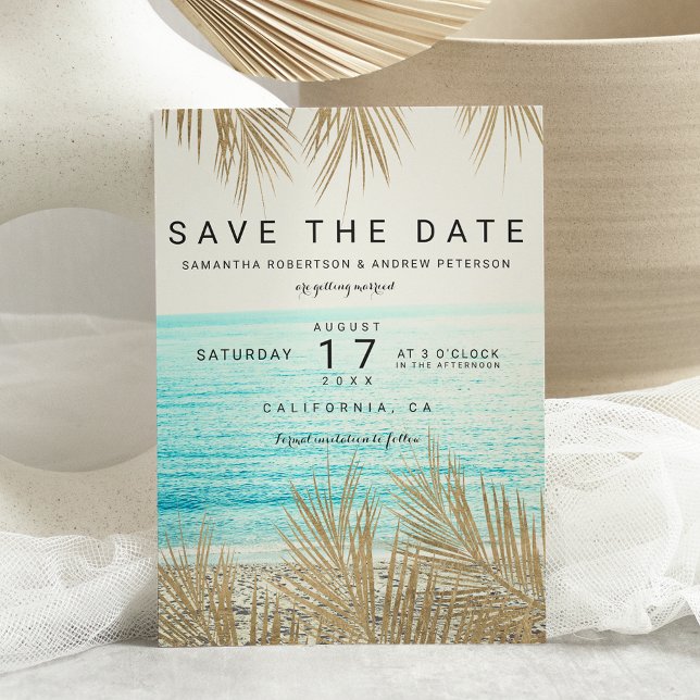 Modern gold palm tree beach photo save the date (Créateur téléchargé)