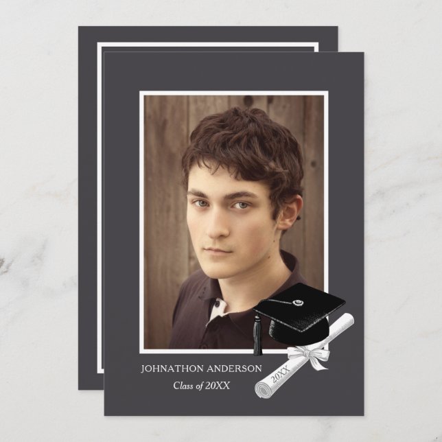 Modern Grey Photo Graduation Party Faire-part (Devant / Derrière)